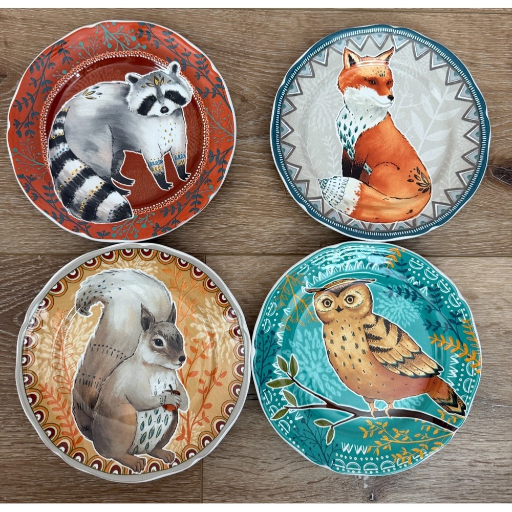 4 RARE Pier 1 Autumn Splendor Critters Plates Owl, Squirrel Fox, Racoon